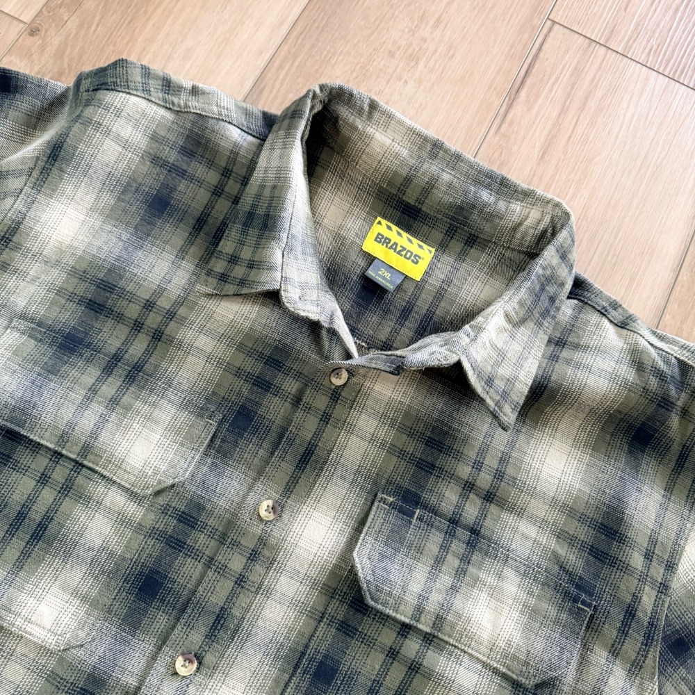 Men's Work Shirt‎ 2XL Flannel Plaid Green Heavyweight Pockets Brazos Blacksmith